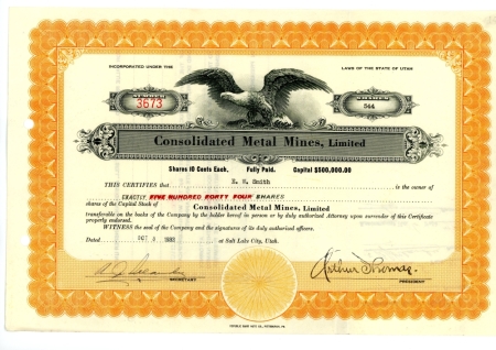 mines utah 1933 consolidated ltd metal certificate